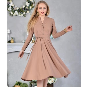 Winter Dress, A Line Dress, Pinup Dress, Circle Dress, Light Brown Collar Dress, Shirt Dress, Plus Size Clothing, Pleated Dress, Flare Dress