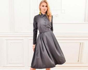 Gray Shirt Dress, Collar Dress, Plus Size Clothing, Long Sleeve Dress, Flare Dress, Flare Dress, Pleated Dress, Circle Dress, Belt Dress