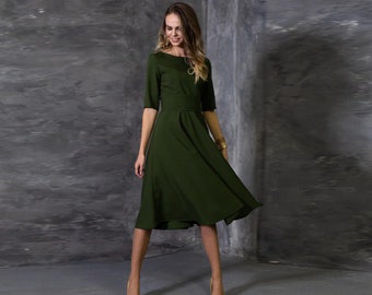 Dark Green Dress, Women Cocktail Dress, Knee Length Dress, Green Bridesmaid Dress, Plus Size Clothing, High Waist Dress, Pleated Dress