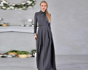 ワンピース ETMON Flare Collar Long Dress, Grey Grey Maxi Dress, Shirt Dress, Belt Dress, Plus Size Clothing