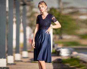 Dark Blue Lace Party Dress with Circle Skirt, Plus Size V Neck Short Sleeve Cocktail Dress, XS-5XL