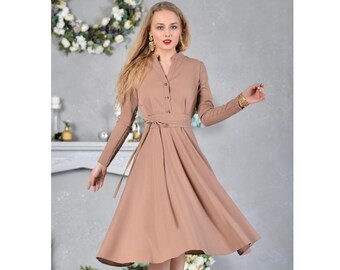 Winter Dress, A Line Dress, Pinup Dress, Circle Dress, Light Brown Collar Dress, Shirt Dress, Plus Size Clothing, Pleated Dress, Flare Dress