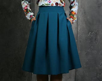 Een lijnrok, trendy plus size kleding, geplooide rok, swingrok, blauwgroene rok, vrouwen hoge taille rok, cocktailrok, 1980 rok