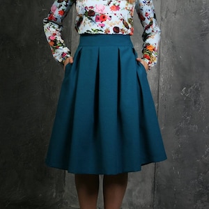 A Line Skirt, Trendy Plus Size Clothing, Pleated Skirt, Swing Skirt, Blue Green Skirt, Women High Waist Skirt, Cocktail Skirt, 1980 Skirt image 1