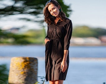 Black Cotton Shirt Dress with Pockets and Belt, Half Sleeve Button Down Knee Length Summer Dress, Plus Size Loose Beach Day Dress, XS-5XL