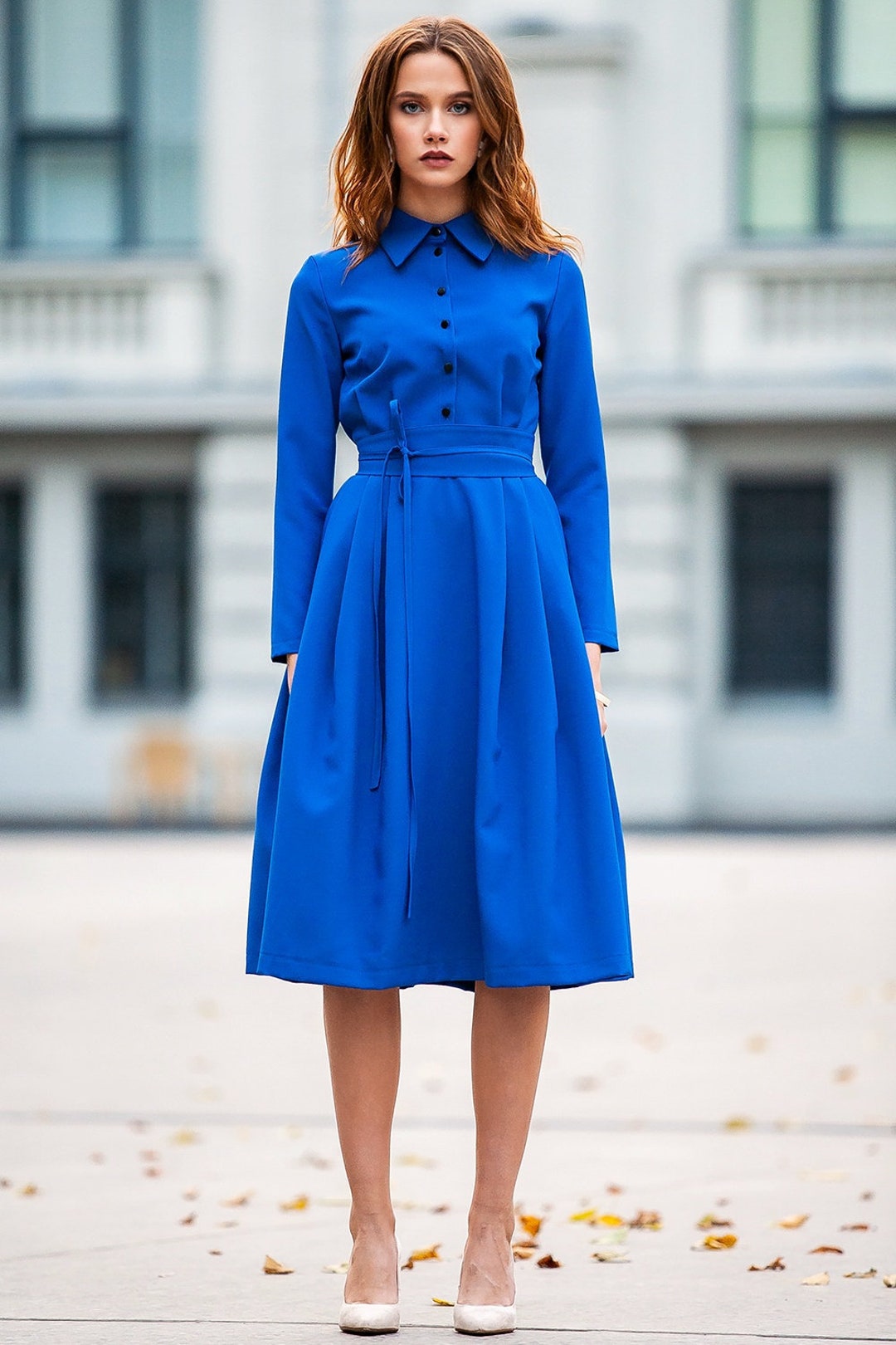 Royal Blue A Line Midi Shirt Dress With Stand up Collar and Belt, Plus Size Long Sleeve Button Front Office Dress, XS-5XL