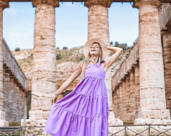 Vestido lilás lavanda, vestido de algodão de verão, vestido maxi feminino, roupas plus size, vestido de cintura alta, vestido de algodão em camadas, vestido roxo, solto
