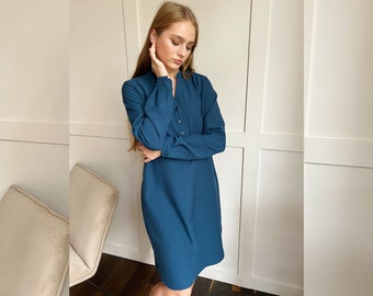 Stahlblau Frauen Kleid, Shirt Kleid, Kleid in Übergröße, Lockeres Midi Kleid, Langarm Kleid, Kleidung in Übergröße, Winterkleid, Minimalistisch