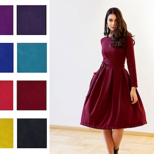 Formal Dress, Cocktail Dress, Long Sleeve Dress, Plus Size Clothing, Dark Red Dress, Evening Dress, Oversize Dress, Belted Dress,Night Dress