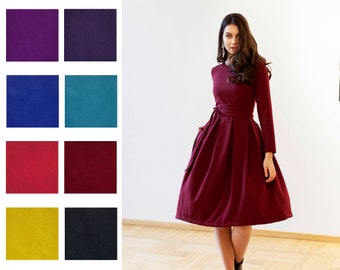 Formal Dress, Cocktail Dress, Long Sleeve Dress, Plus Size Clothing, Dark Red Dress, Evening Dress, Oversize Dress, Belted Dress,Night Dress