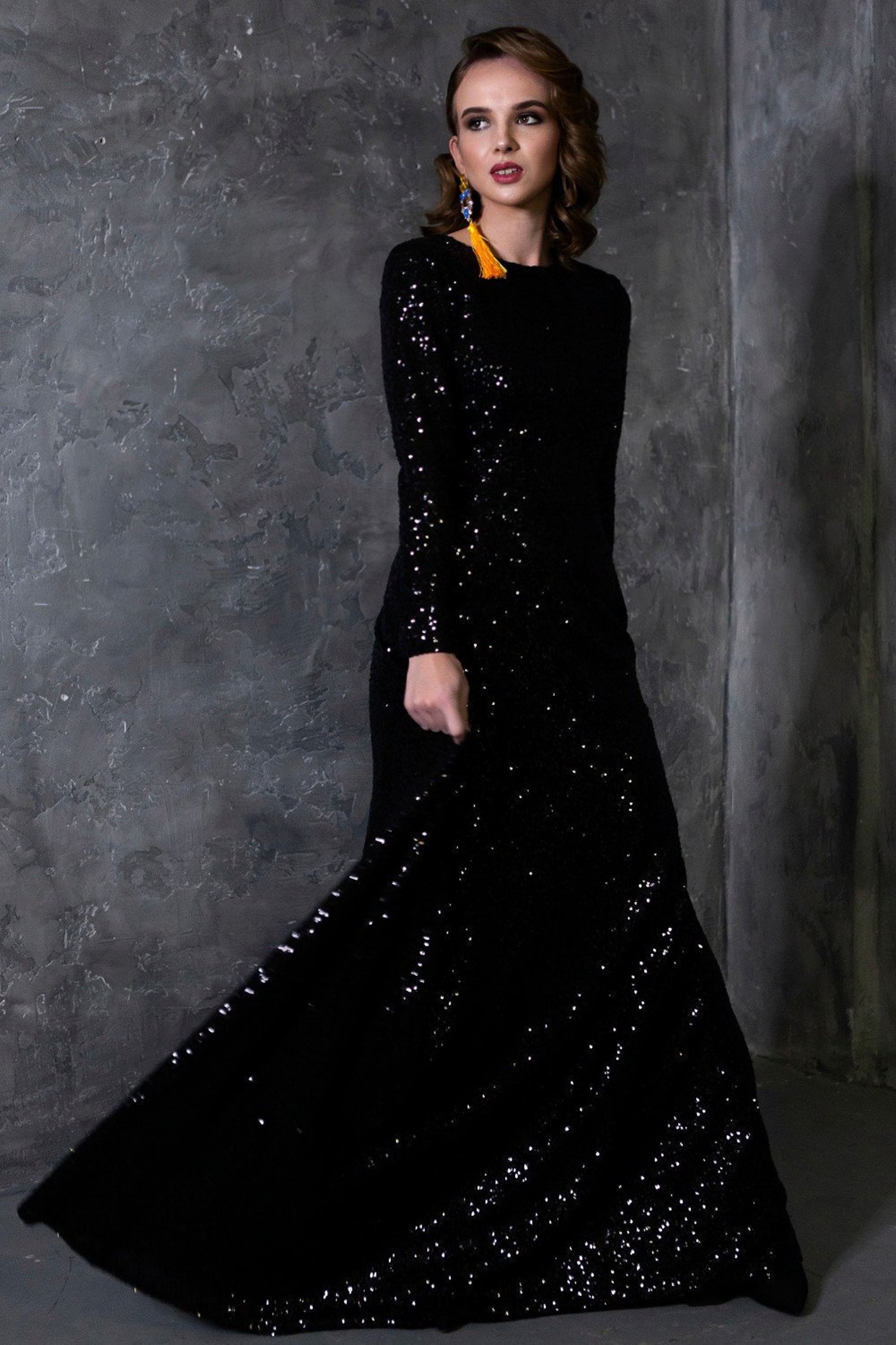 long black glitter gown