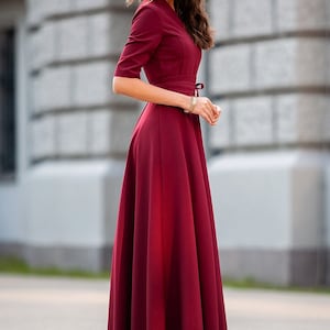 Women Burgundy Maxi Dress With Circle Elements in the Lower Part ...