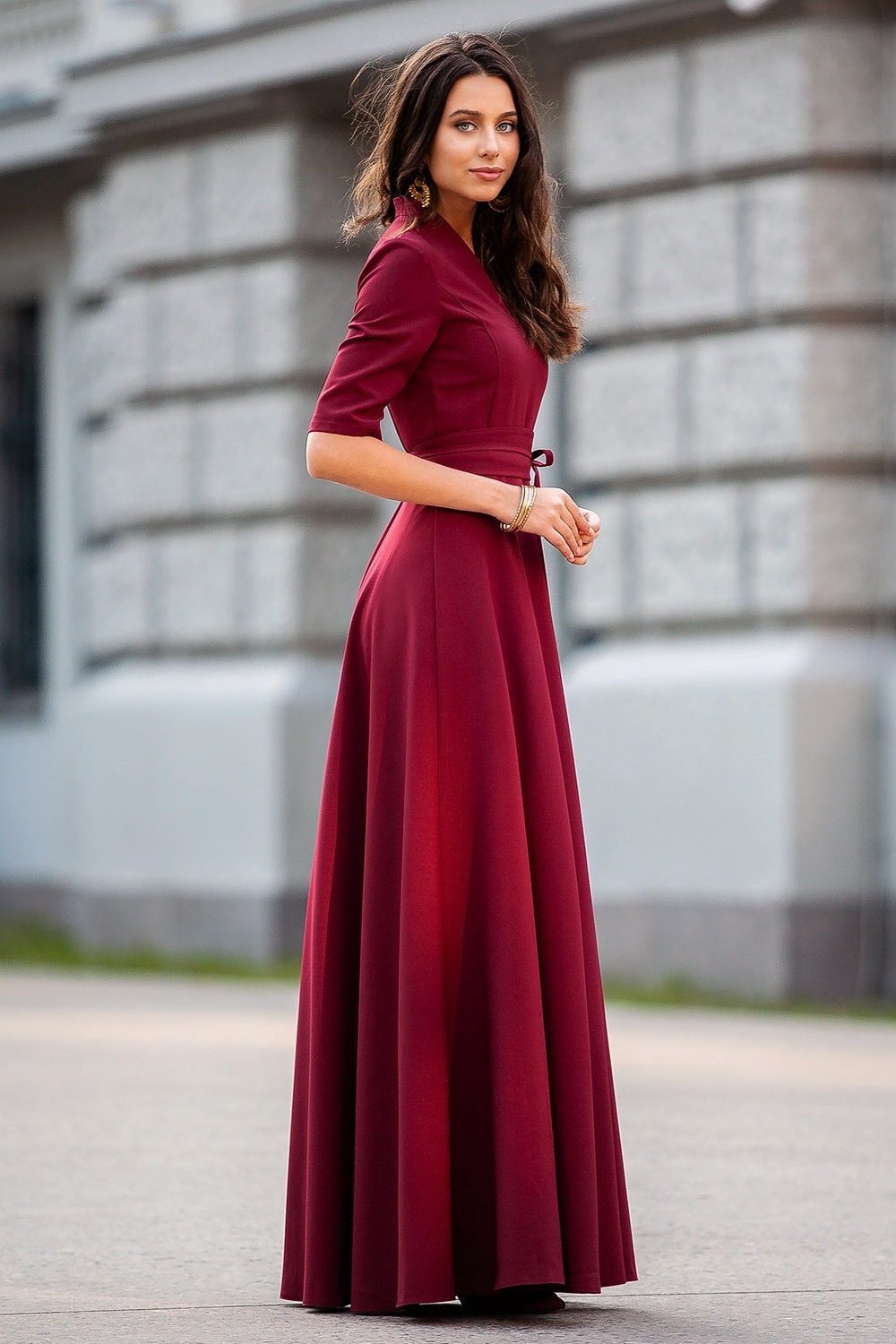 Women Burgundy Maxi Dress With Circle Elements in the Lower | Etsy