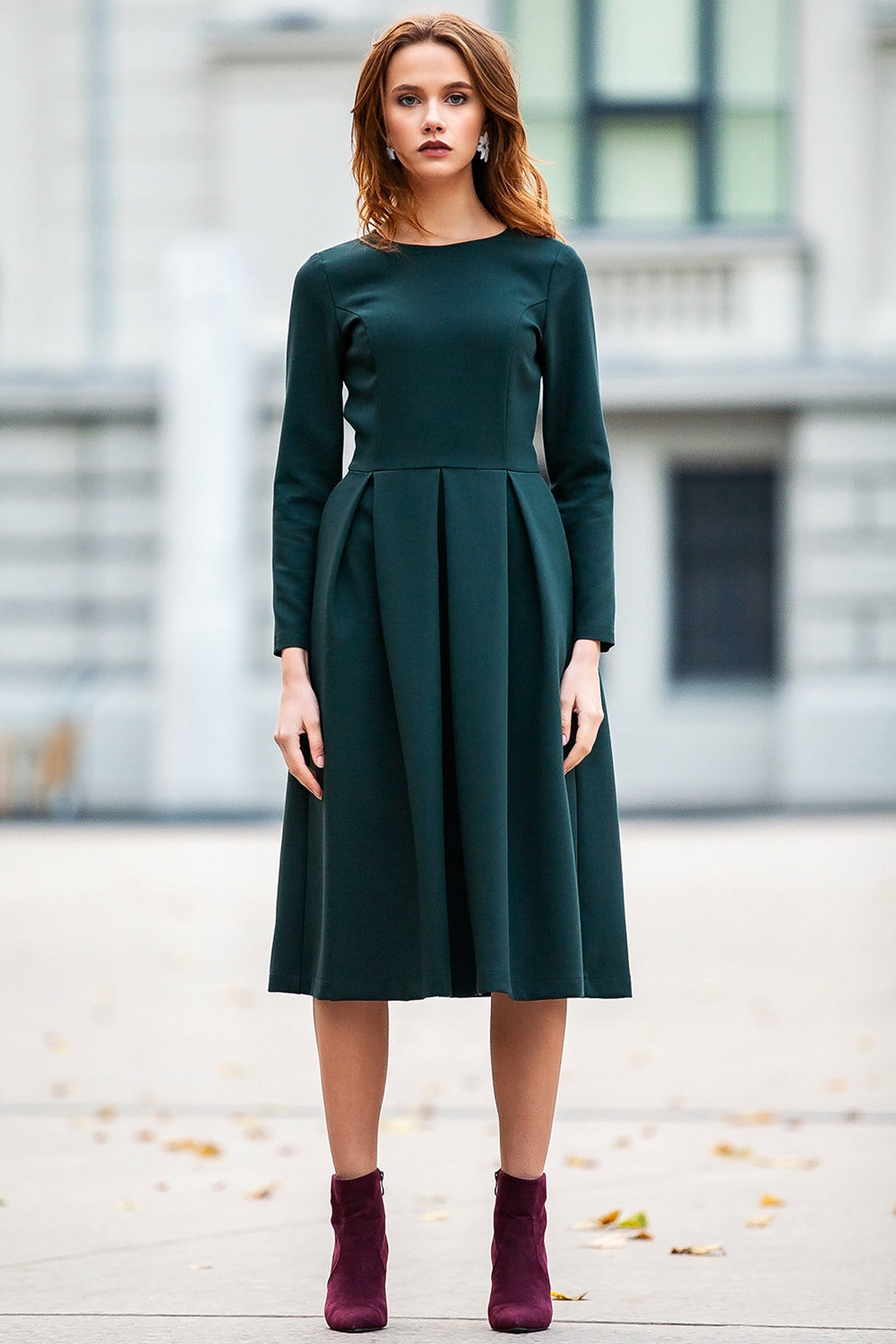 Long Sleeve Dress Dark Green Dress Women Winter Clothing | Etsy