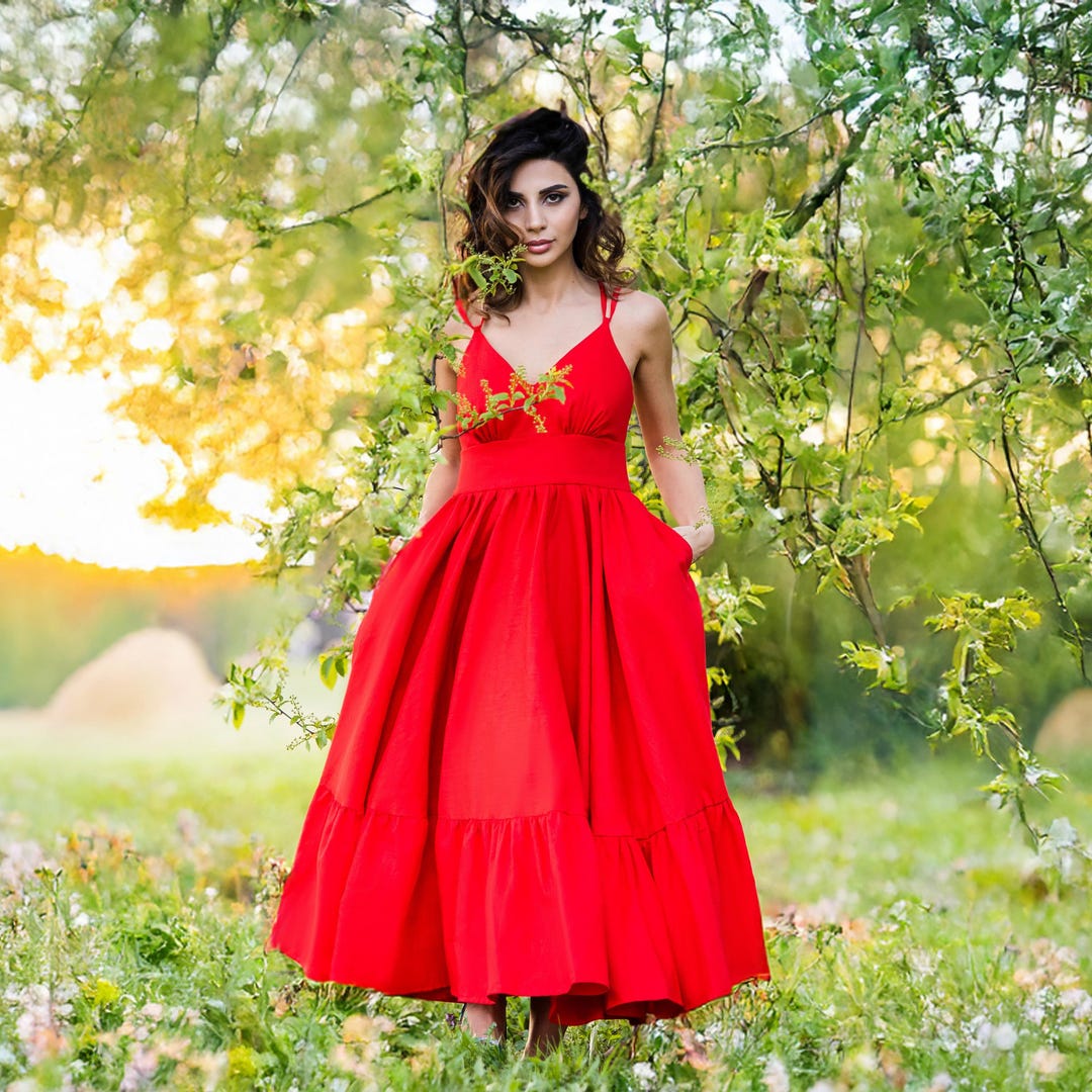 Red Organic Cotton Maxi Dress: Scarlet Bloom Flared Summer Outfit - Etsy
