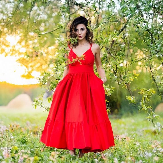 Red Organic Cotton Maxi Dress: Scarlet Bloom Flared Summer Outfit - Etsy