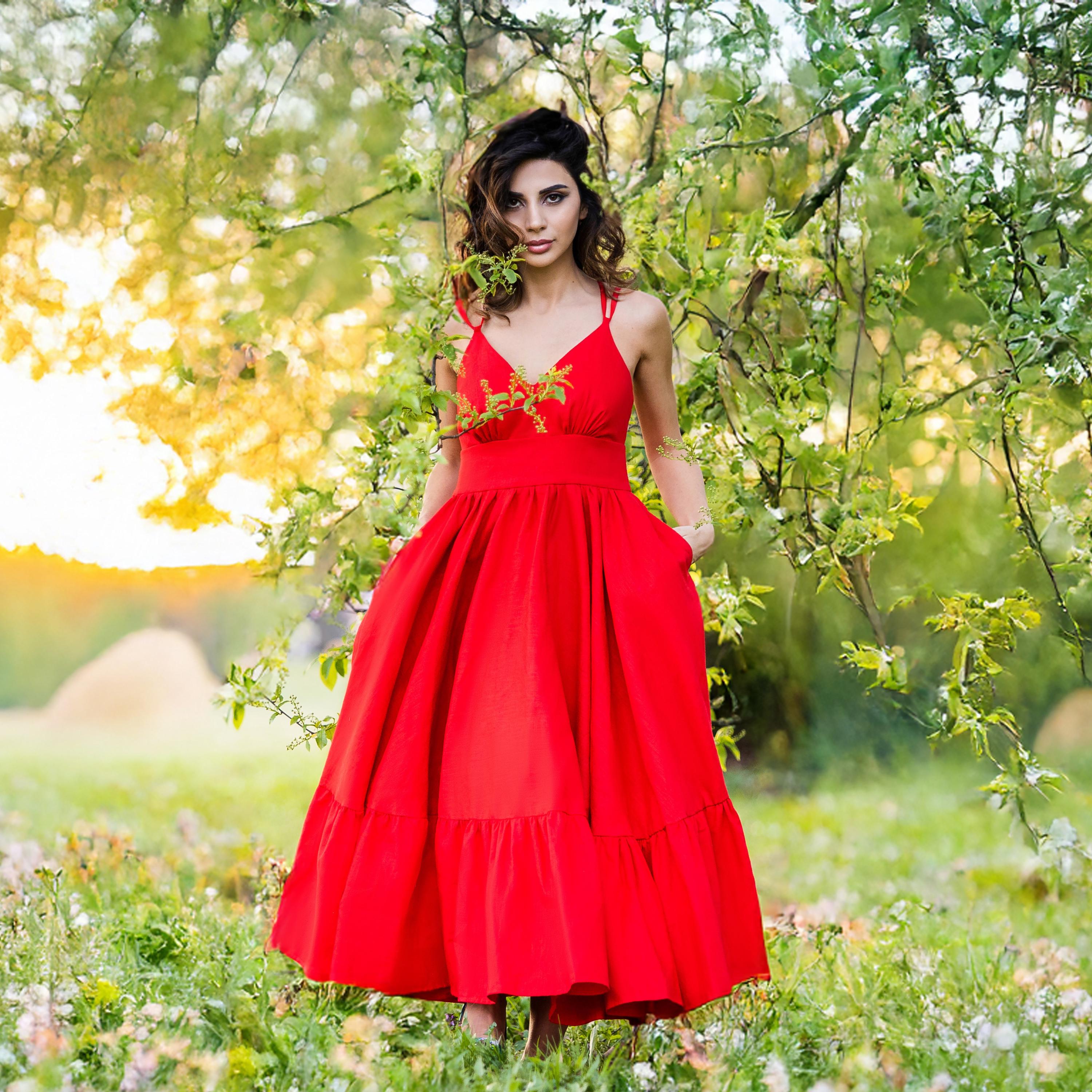 Red Organic Cotton Maxi Dress: Scarlet Bloom Flared Summer Outfit - Etsy