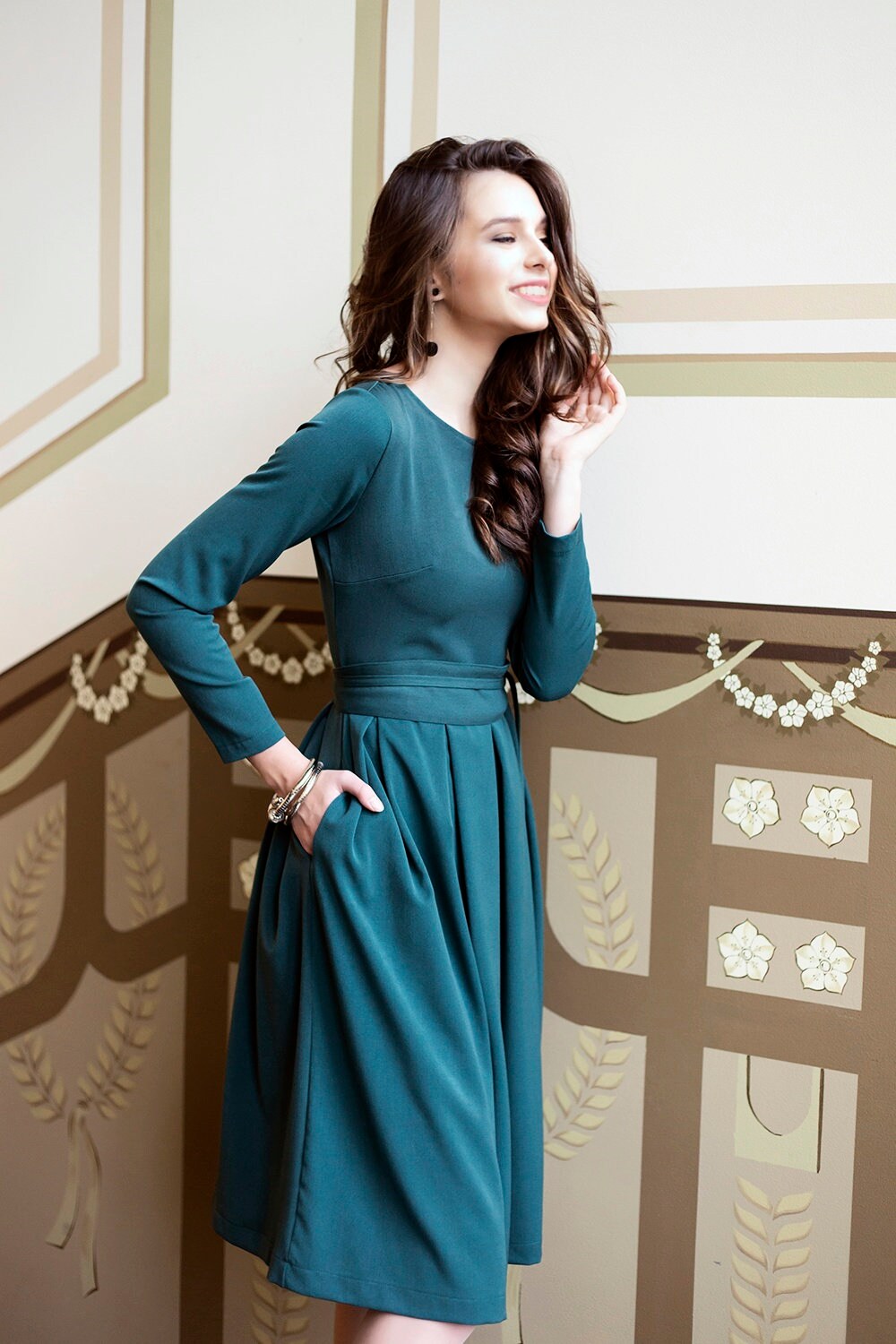 women's midi cocktail dress with sleeves Three Quarter Bell Sleeve Sheath Midi Dress In Navy Sateen