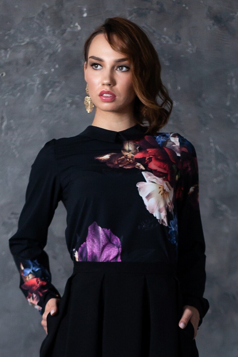 Women Blouse Floral Blouse Black Blouse Flower Blouse Plus Etsy