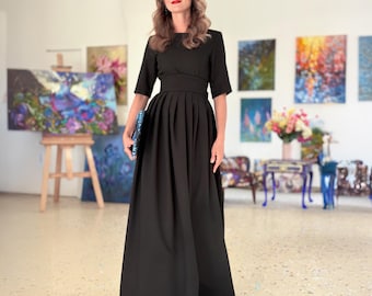 Black Maxi Dress, Formal Pleated Dress, Bridesmaid Dress, Floor Length Gown, Minimalist Dress, Mother Of The Bride Dress, Plus Size Clothing