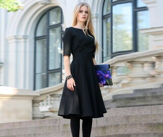 Abito Midi Donna Ex Roman Nero A Strati Con Stampa Astratta - Taglie 8-20, Maniche Lunghe