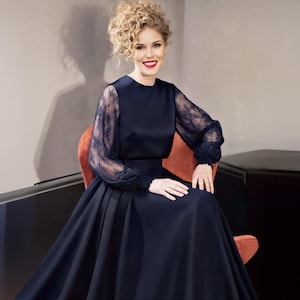 green emerald velvet dress Jovani JVN36962 Size 10 Navy Formal Dress Sheer Lace Long Sleeve Mother of High Neck Gown main image 0