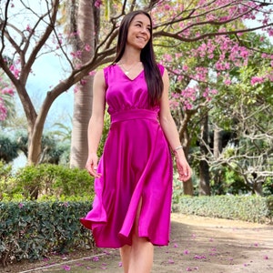 Fuchsia Midi Dress, Bridesmaid Dress, Maid Of Honor Dress, Satin Formal Dress, Tea Length Dress, Wedding Guest Dress, Summer Cocktail Dress