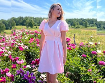 Bridesmaid gowns| Feminine Pink Cotton Mini Dress| Organic Cotton Mini Dress with Balloon Sleeves | Large Back Bow | V-Neckline |Rose Pink|