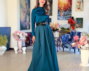 Falda de dama de honor, falda larga maxi, falda de mujer, falda de cintura alta, ropa de moda de talla grande, falda de gran tamaño, falda con bolsillos, falda elegante
