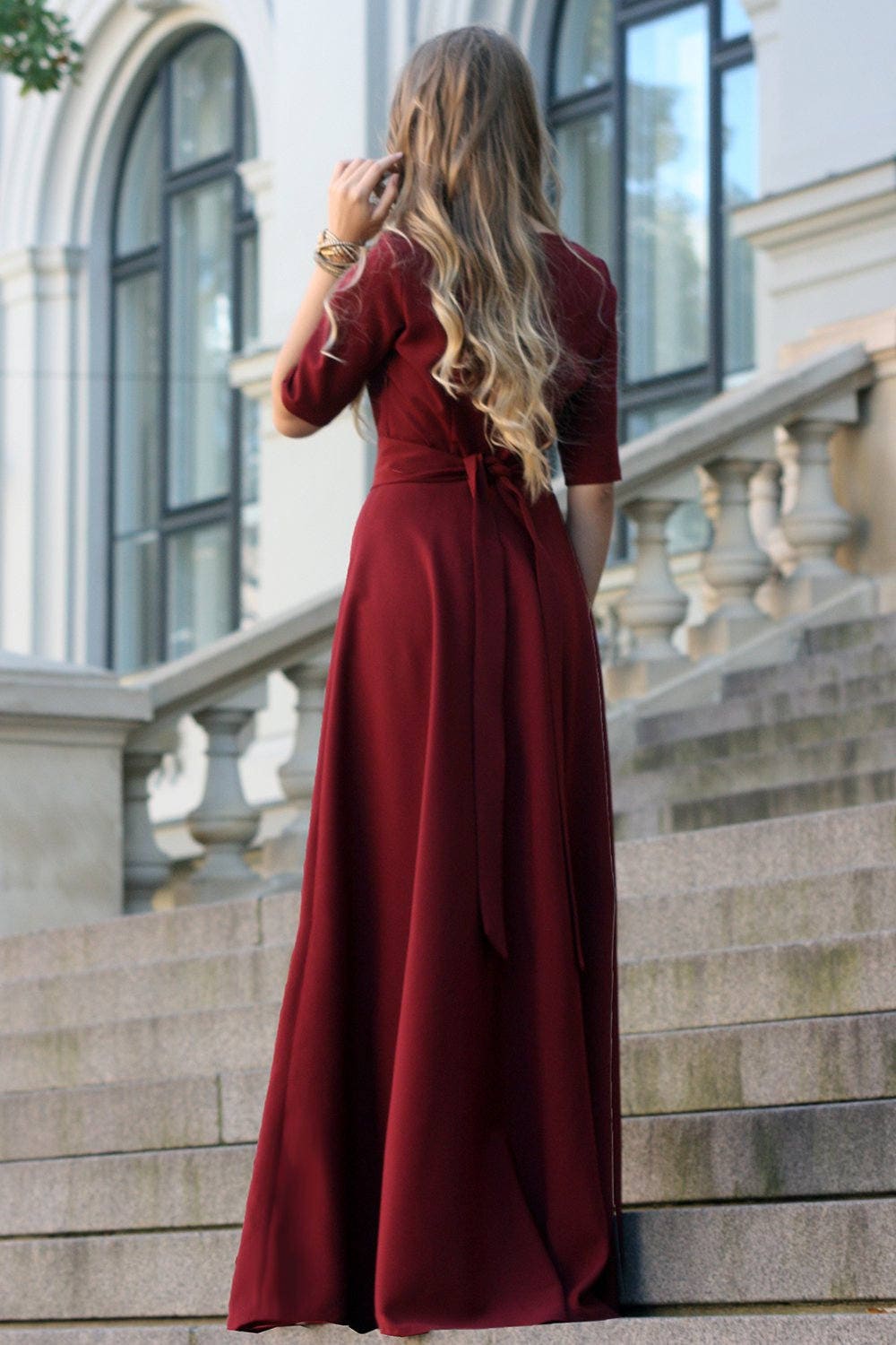 Dark Red Maxi Dress: Pleated Circle Skirt, Plus Size Polyester Gown