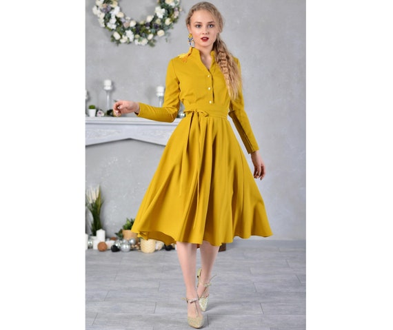 Yellow Shirt Dress, Women Midi Dress, Plus Size Clothing, Collar Dress, Fit  and Flare Dress, Circle Dress, Pleated Dress, Minimalist Dress 