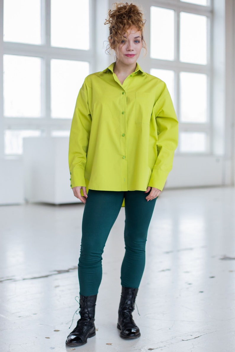 Organic Cotton Shirt Lime Blouses for Women Lime Cotton Shirt Oversize Shirt Women Collar Shirt Lime Blouse Plus Size Shirt