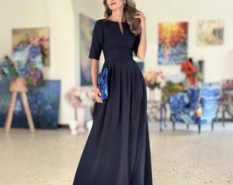 Navy Blue Dress, Bridesmaid Dress, Gothic Clothing, Oversized Dress, Short Sleeved Dress, Minimalist Dress, Elegant Dress, Long Dress