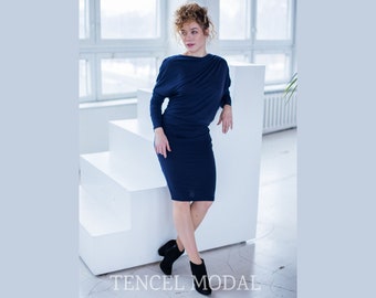 Navy Blue Tencel Modal Midi Dress, Asymmetrical Drawstring Cocktail Office Wear
