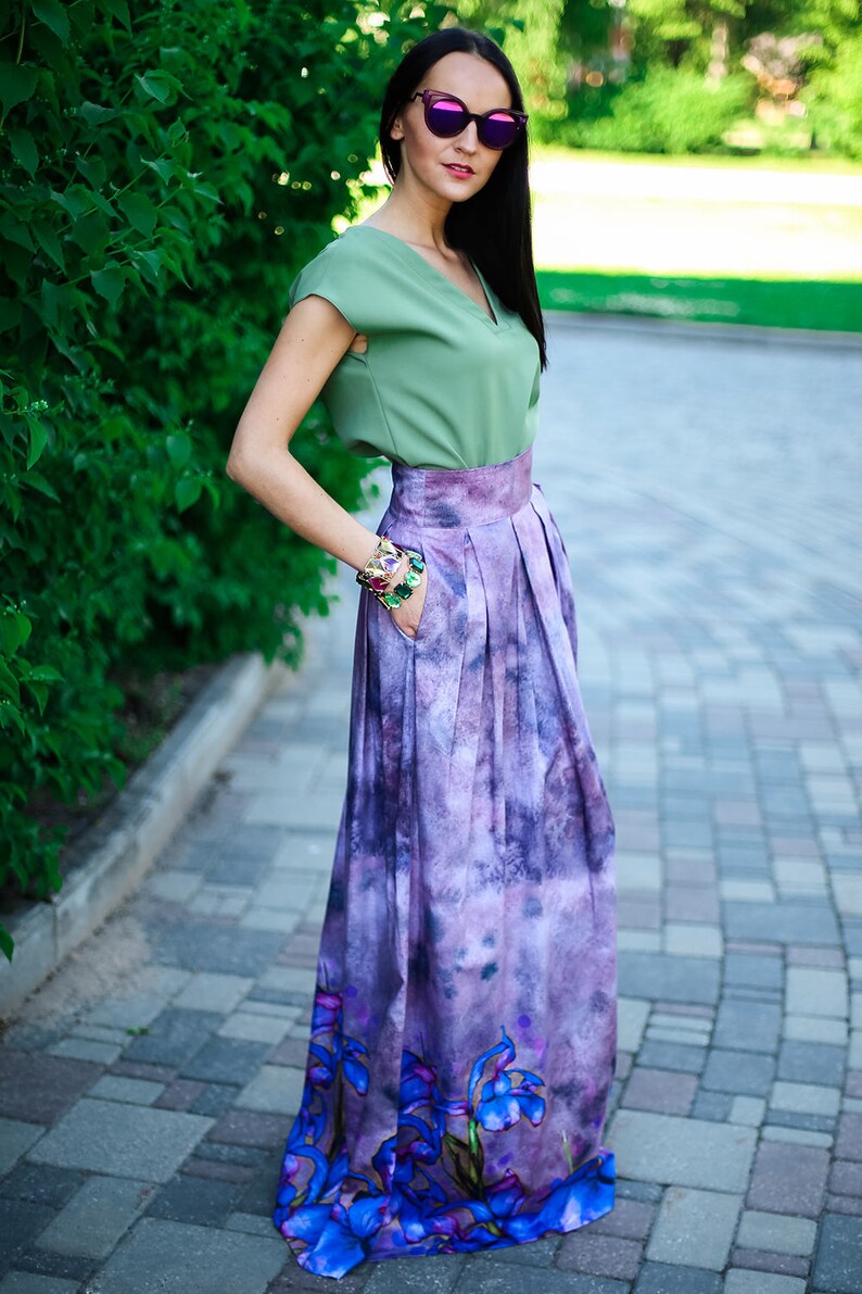 Iris Flower Maxi Skirt Summer Skirt Plus Size Skirt Long Etsy