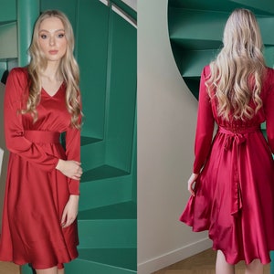 Bordo Satin Dress, Cocktail Dress, Holiday Party Dress, New Years Dress, Little Red Dress, Wedding Guest Dress, Plus Size Clothing