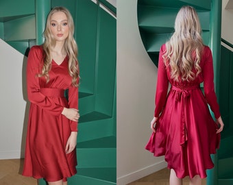 Bordo Satin Dress, Cocktail Dress, Holiday Party Dress, New Years Dress, Little Red Dress, Wedding Guest Dress, Plus Size Clothing