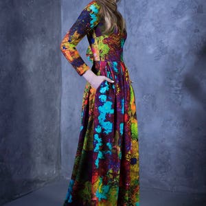 Abstract Color Art Print Vintage Elegant Long Sleeve Maxi Dress