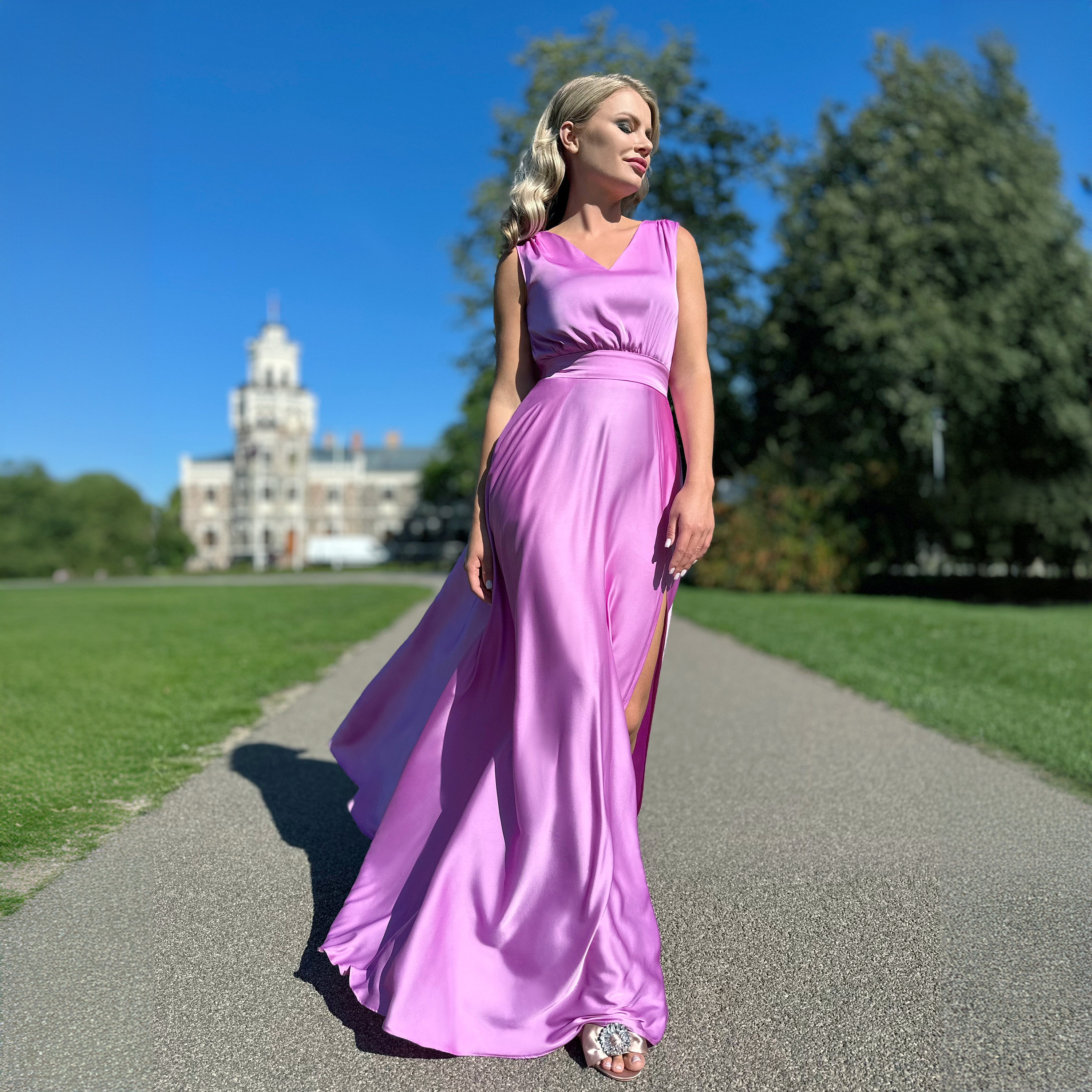 Purple satin long dress hotsell
