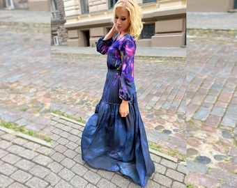 Iris Flower Maxi Chiffon Dress, Long Sleeve Boho Evening Gown