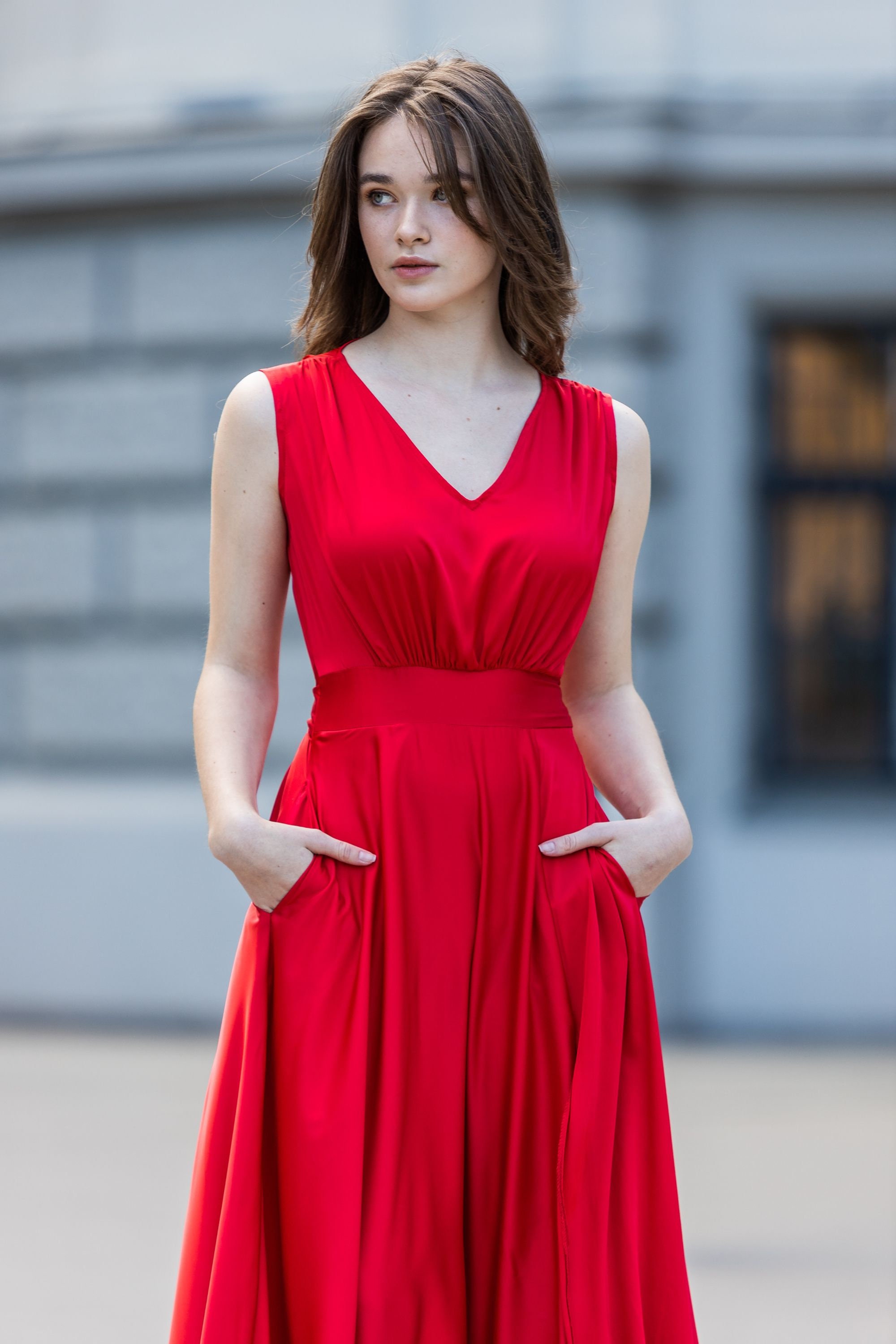 red deep v neck maxi dress Deep V-Neck High Slit Maxi Dress Red| Arkiive