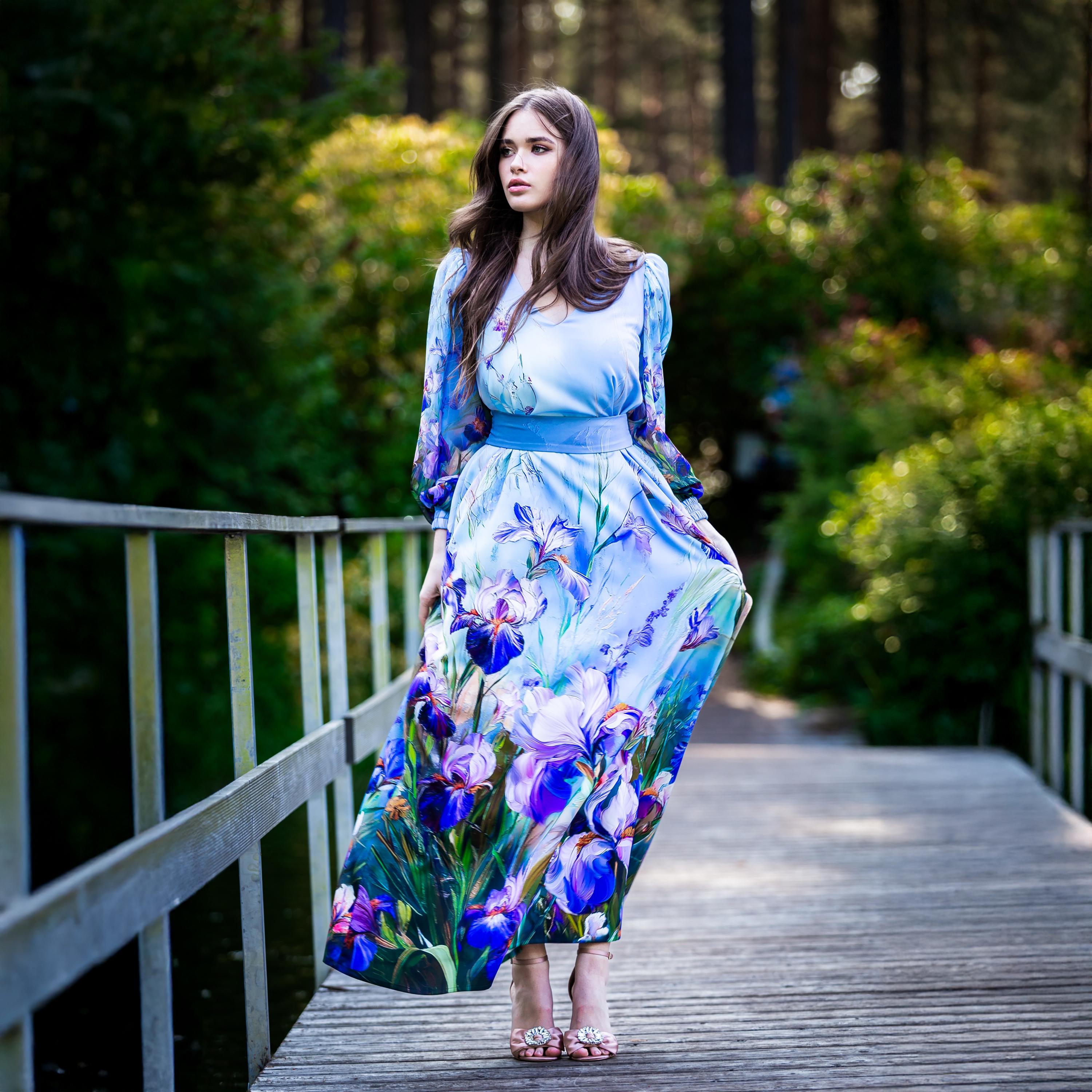 Floral Iris Maxi Dress: Chiffon Sleeves, Bow Back Evening Gown