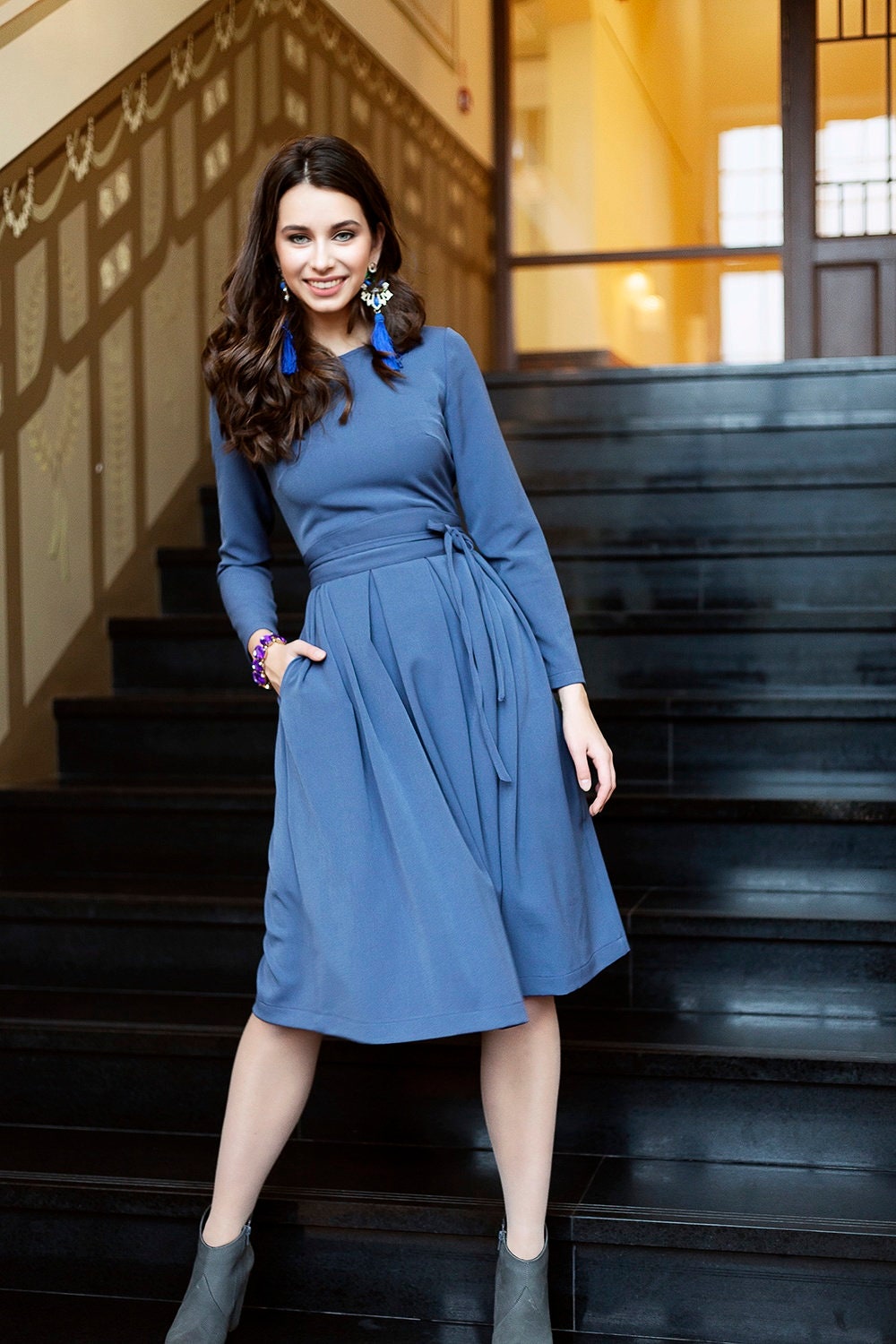casual dress with sleeves Women's Short Dresses Dot Puff Sleeve Short Dress V neck at Amazon Women's Clothing store