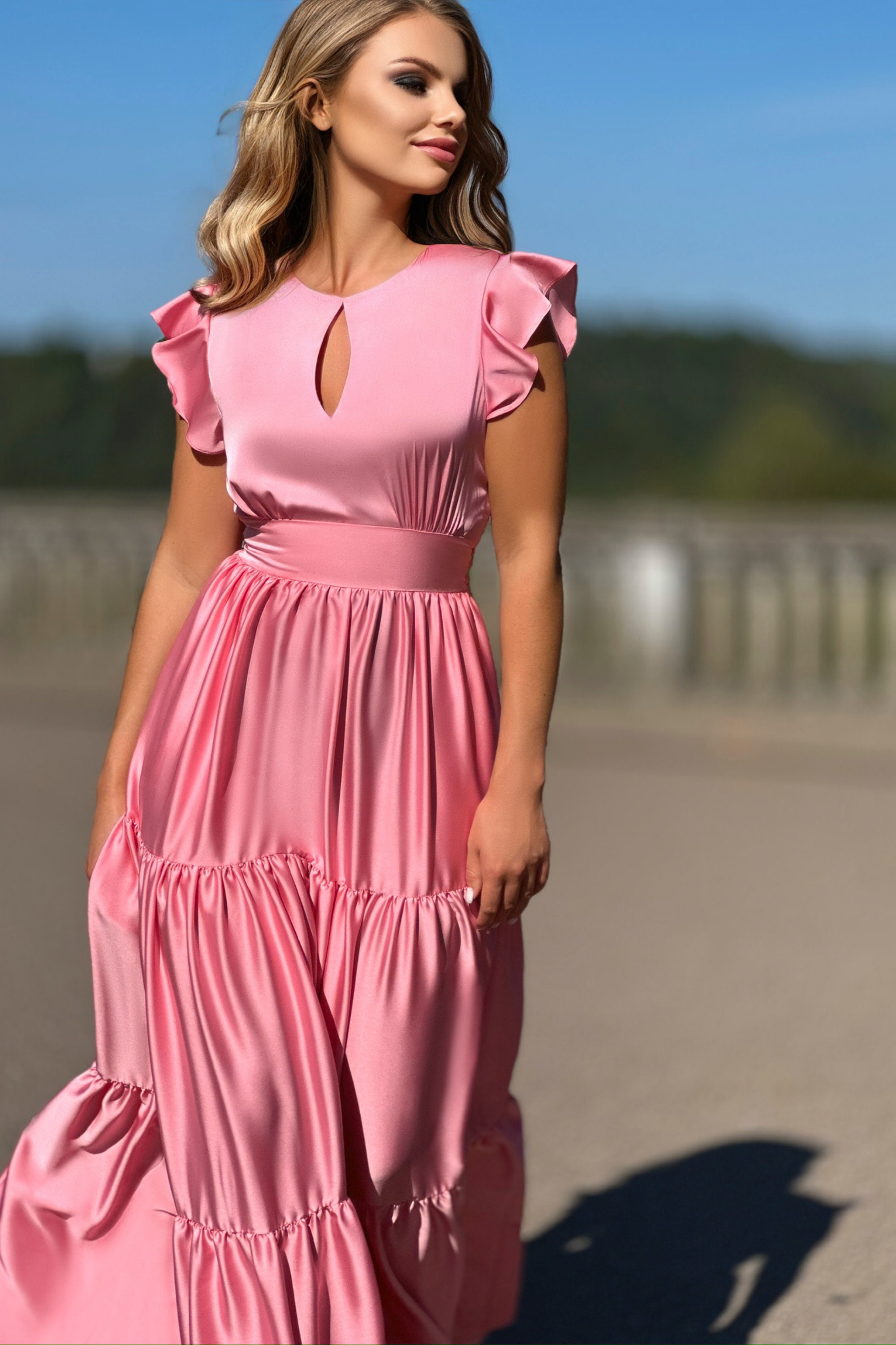 Barbie Bridesmaid Dress, Maxi Dress, Tiered Floor Length Dress, Evening Gown, Rose Wedding Guest Dress, Plus Size Clothing, Barbie Pink