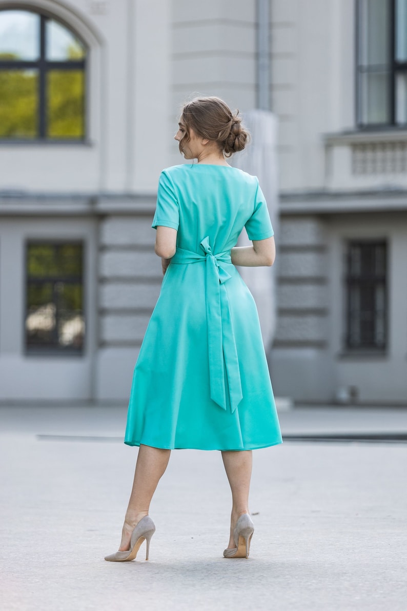 Turquoise Tea Length Dress Wedding Guest Dress Mother of the - Etsy