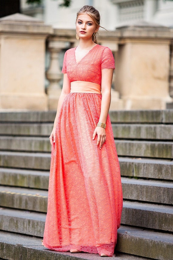 coral lace maxi dress Long coral lace dress for celebrations CHICA del Sur