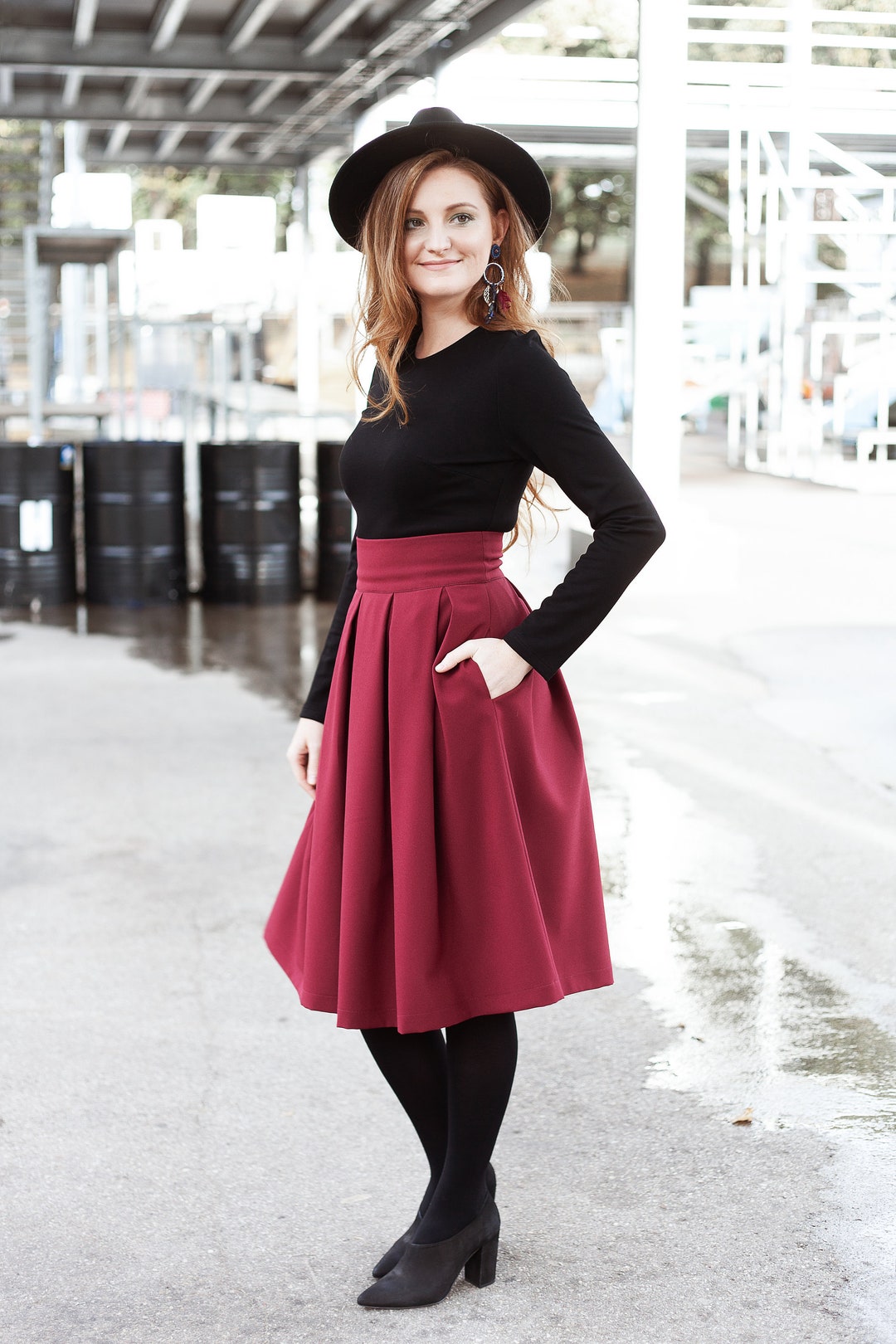 High Waisted Skirt Midi Skirt Swing Skirt 1950 S Skirt Röcke Fur Frauen Burgundy Skirt