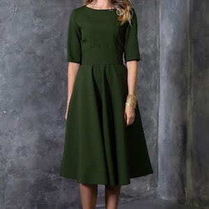 Dark Green Dress, Women Cocktail Dress, Knee Length Dress, Green Bridesmaid Dress, Plus Size Clothing, High Waist Dress, Pleated Dress image 3