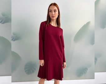 Burgundy Midi Dress with Pockets, Plus Size Loose Fit Pleated Shift Dress, Long Sleeve Bordeaux Office Winter Dress, Made to Order, XS-5XL