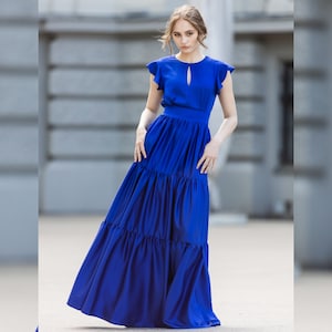 Tiered Blue Maxi Dress, Women Keyhole Dress, Floor Length Dress, Wedding Guest Dress, Bridesmaid Dress, Evening Gown, Formal Wear, Plus Size